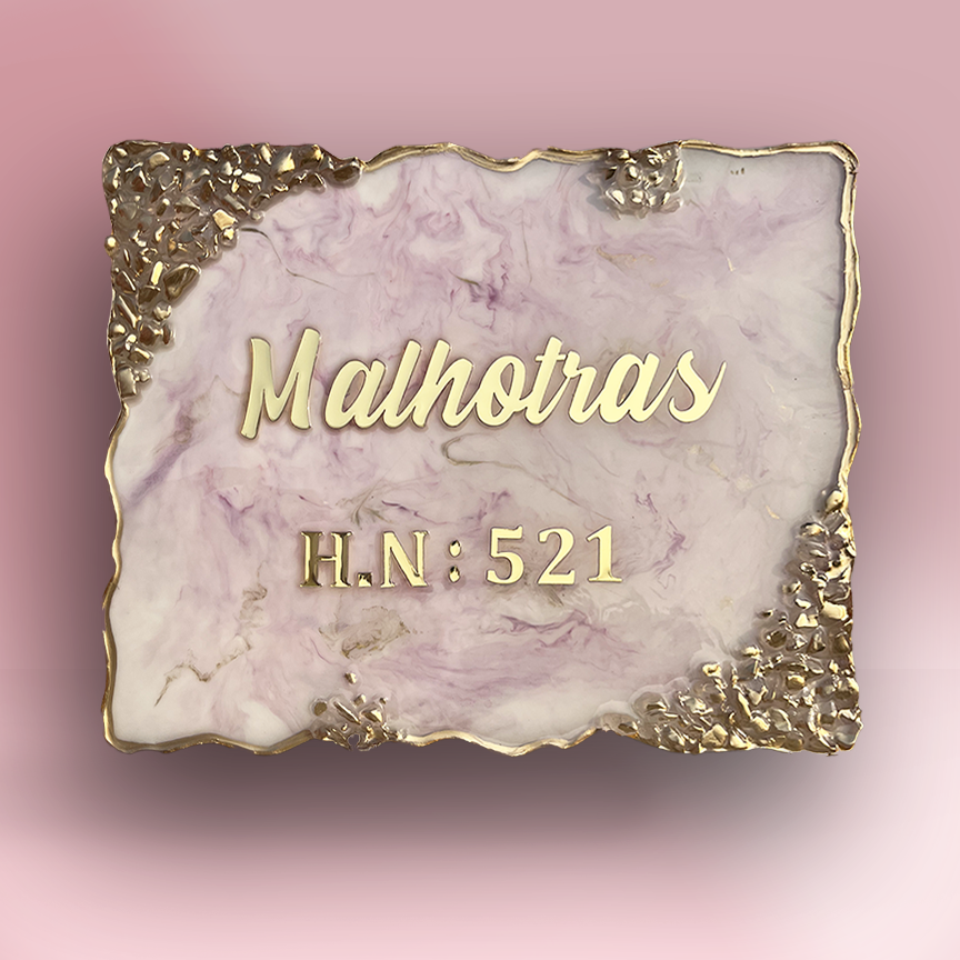 Glossy Purple and White with Golden Crystal Resin Nameplate
