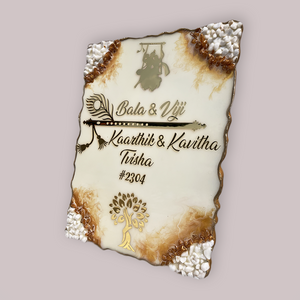 Radha Krishna Theme Off White Resin Coated Nameplate, Resin Nameplate Designs, House Nameplate Designs, White Nameplate, Radha Krishna Nameplate Designs