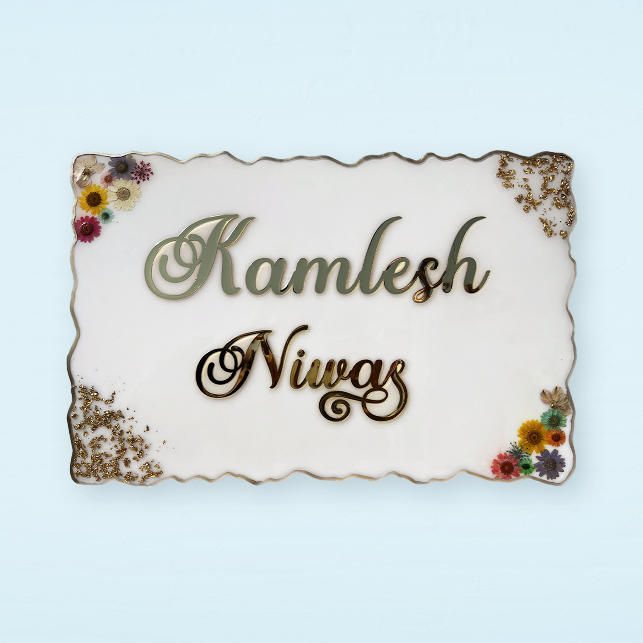 Stylish Resin Coating White Nameplate with Pressed Flowers and Flakes, Resin Nameplate for Home, House Nameplate Designs
