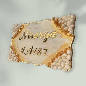 White and Orange Theme Decorated with Pebbles Resin Coated Nameplate