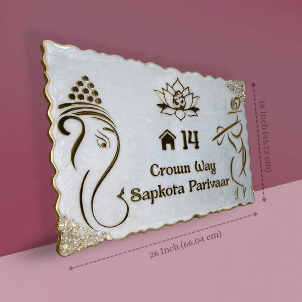 Pearl White Swirl Design Ganesha and Krishna Resin Nameplate4