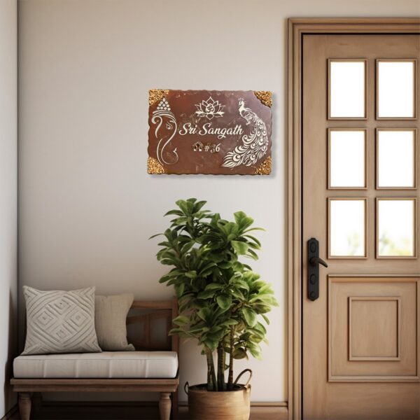 Ganesha Theme Metallic Brown Resin Coated Nameplate 3