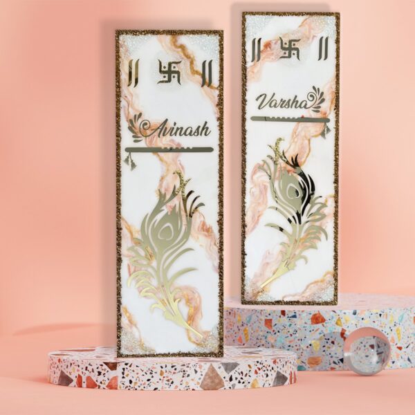Krishna Theme Set of 2 White and Orange Blend Marble Resin Nameplate 5