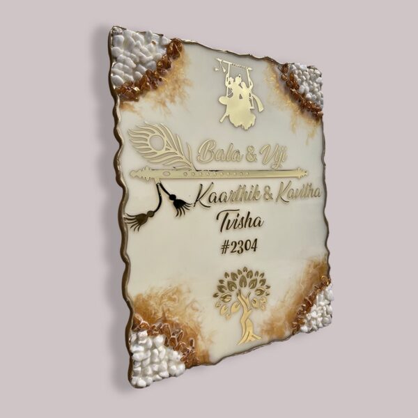 Radha Krishna Theme Off White Resin Coated Nameplate 1