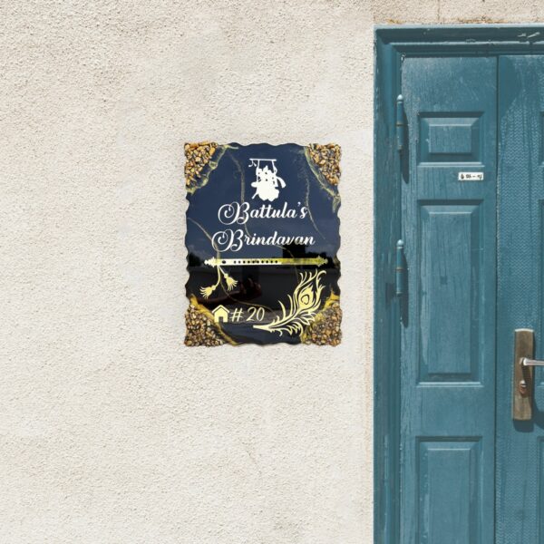 Radha Krishna Theme Resin Coated Black Nameplate 3