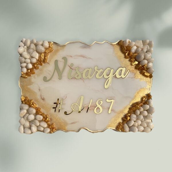 White and Orange Theme Decorated with Pebbles Resin Coated Nameplate