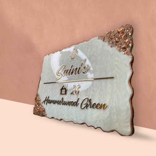 Pearl White Swirl Design Rose Gold Resin Nameplate 2