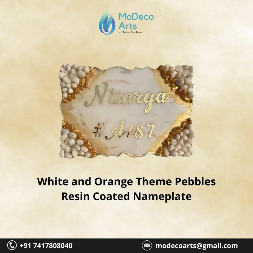 Brighten Your Home Entrance with the White Orange Pebbles Resin Nameplate 1