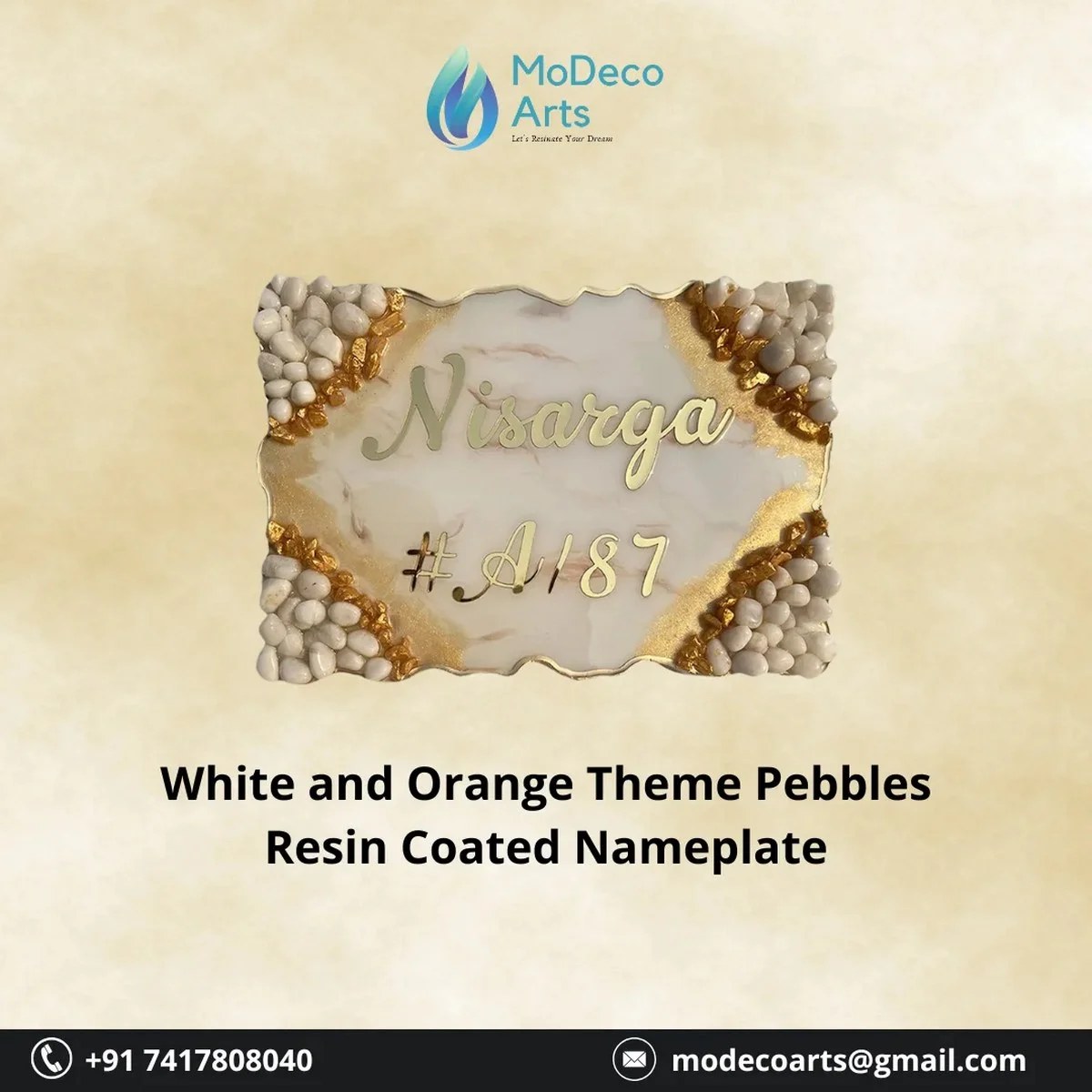 Brighten Your Home Entrance with the White Orange Pebbles Resin Nameplate