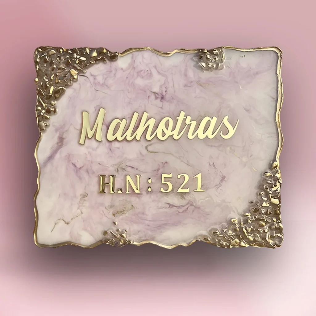 Glossy Purple and White with Golden Crystal Resin Nameplate 1