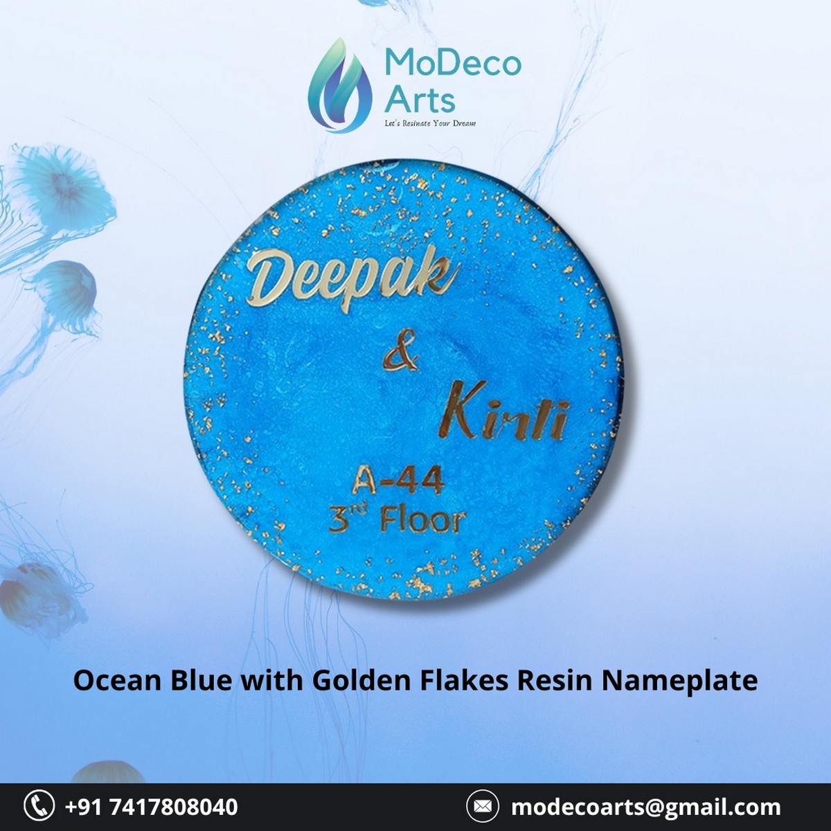 Ocean Blue with Golden Flakes Resin Nameplate