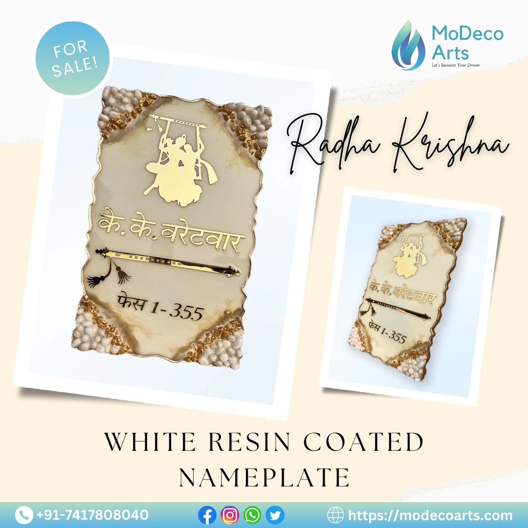Embrace Divine Elegance with the Radha Krishna White Resin Nameplate