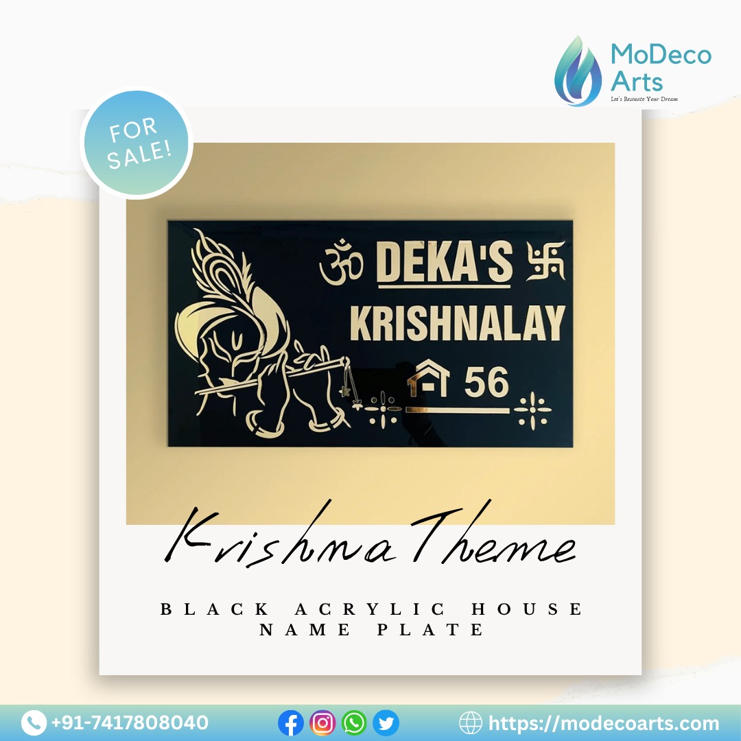 Invite Divine Vibes Home with Krishna Themed Black Acrylic Name Plate