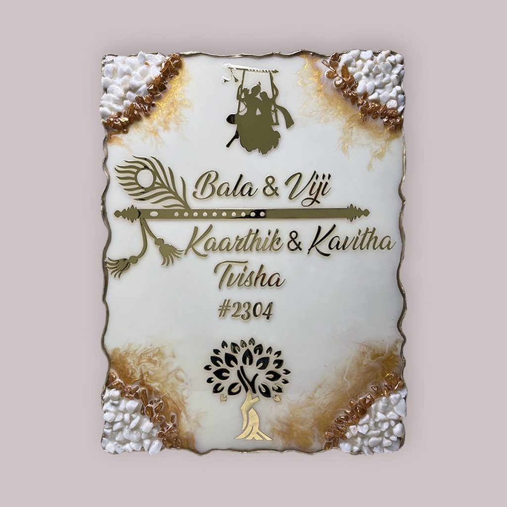 Radha Krishna Theme Off White Resin Coated Nameplate