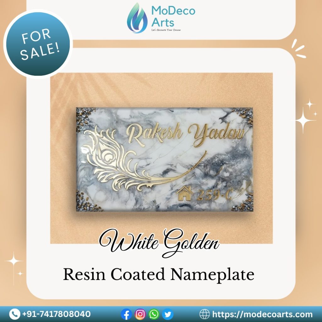 Shine Bright with the White & Golden Resin Coated Nameplate – Elegance that Lasts