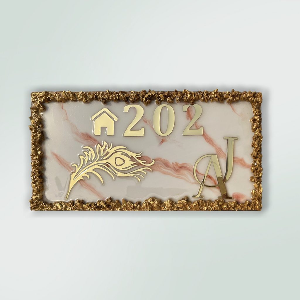 White Orange Highlighted with Granules Resin Coated Nameplate (1)