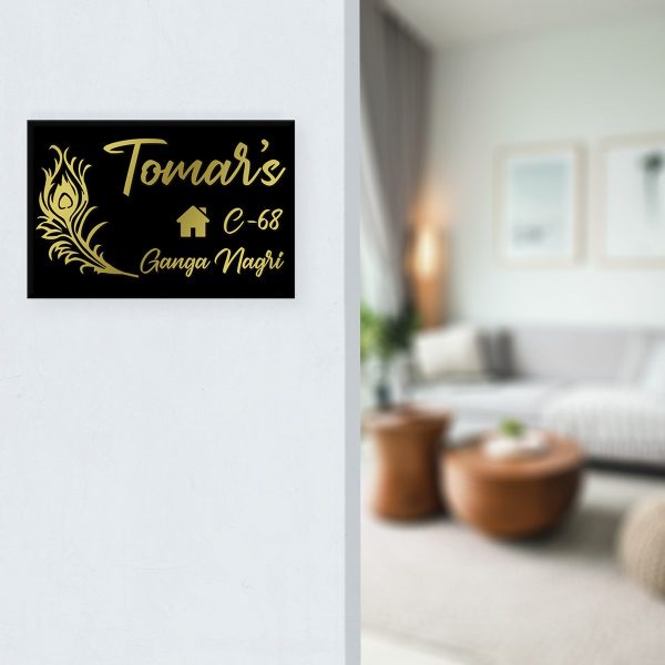13Peacock Feather Black Golden Acrylic Nameplate 3 3