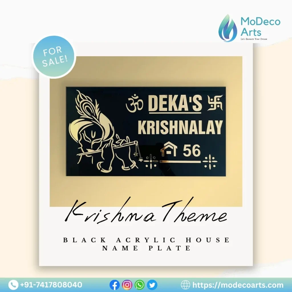 Invite Divine Vibes Home with Krishna Themed Black Acrylic Name Plate (1)