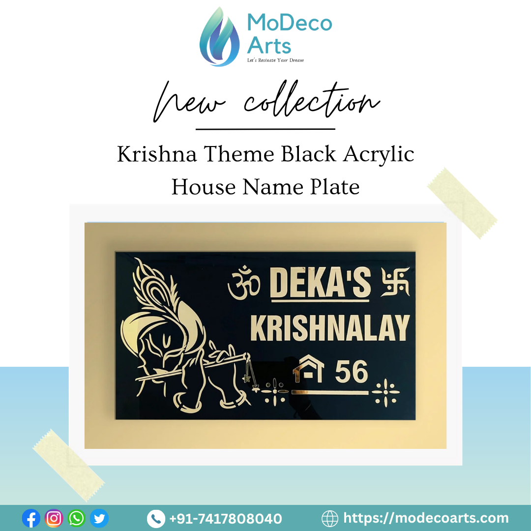 Krishna Theme Black Acrylic House Name Plate