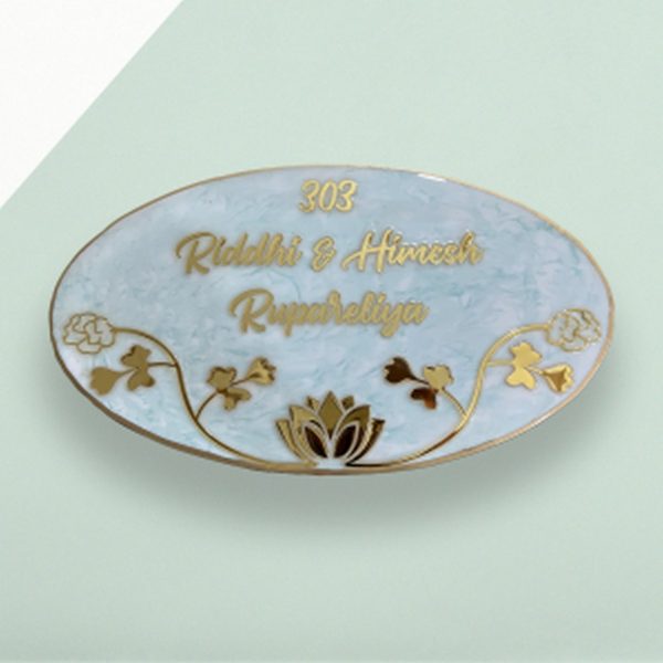 Pastel Green with White Laxmi Ganesh Theme Resin Nameplate 4 3