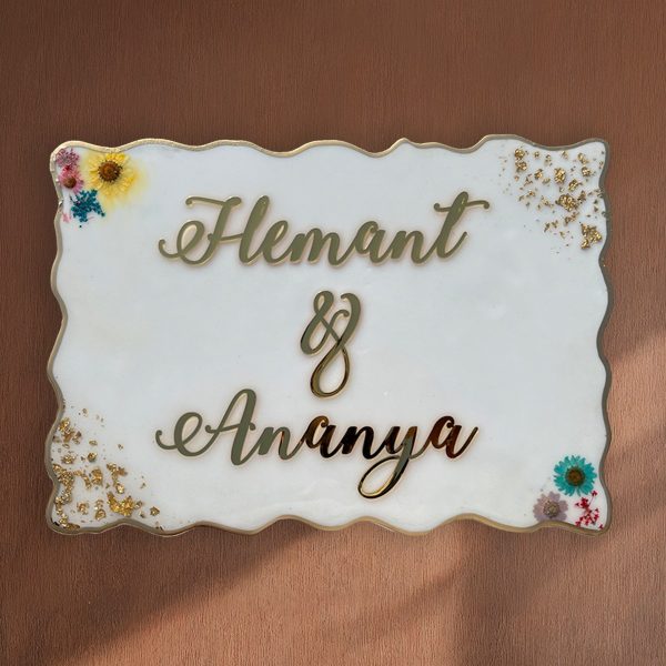 White Nameplate with Pressed Flowers and Flakes 3 4