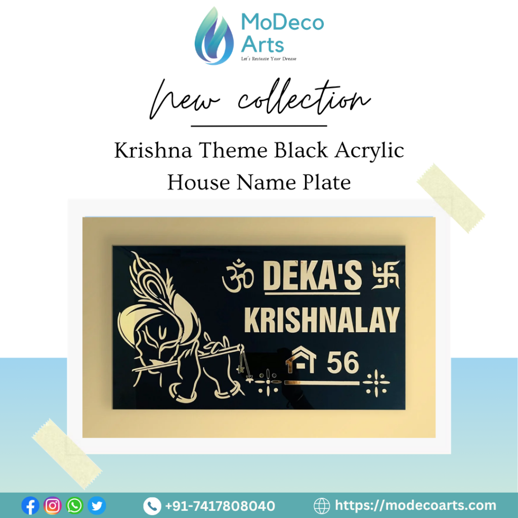 Krishna Theme Black Acrylic House Name Plate