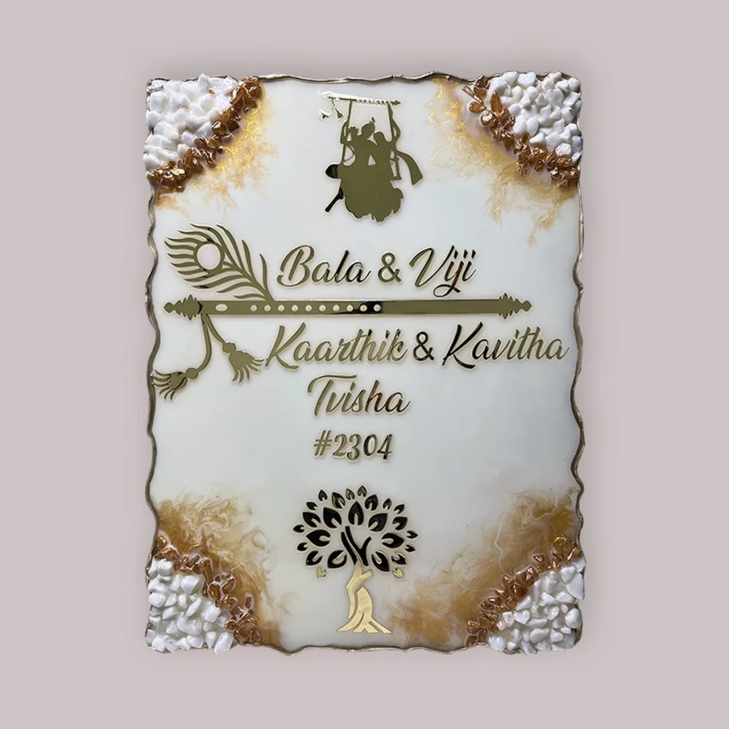 Radha Krishna Theme Off White Resin Coated Nameplate