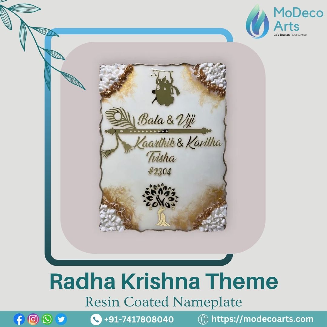 Radha Krishna Theme Off White Resin Coated Nameplate