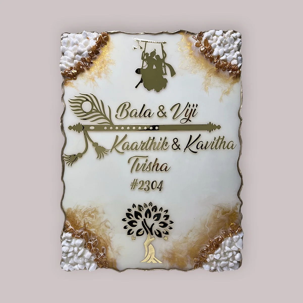 Radha Krishna Theme Off White Resin Coated Nameplate