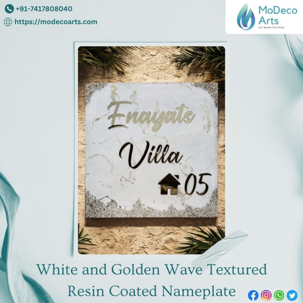 White and Golden Wave Textured Resin Coated Nameplate