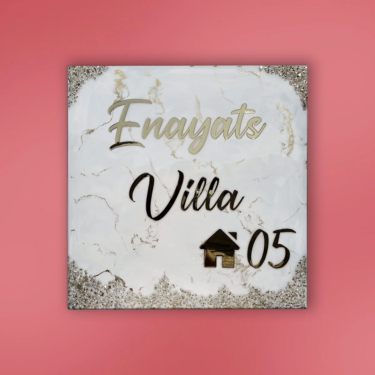 White and Golden Wave Textured Resin Coated Nameplate