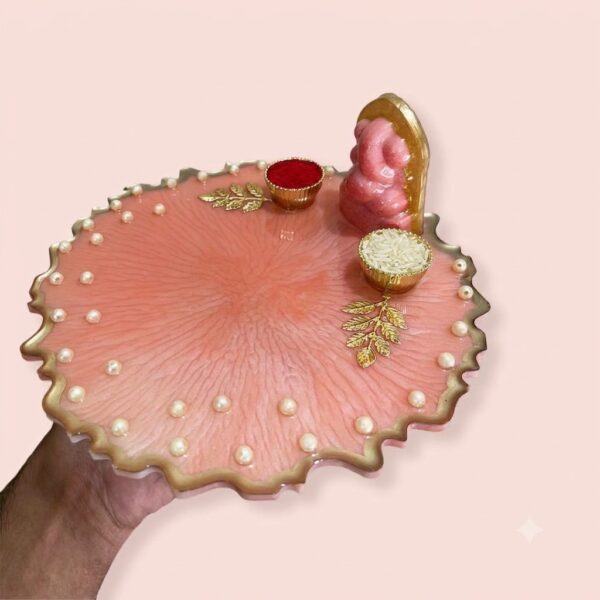 3D Ganesha Devotional Metallic Pink Pooja Thali 1