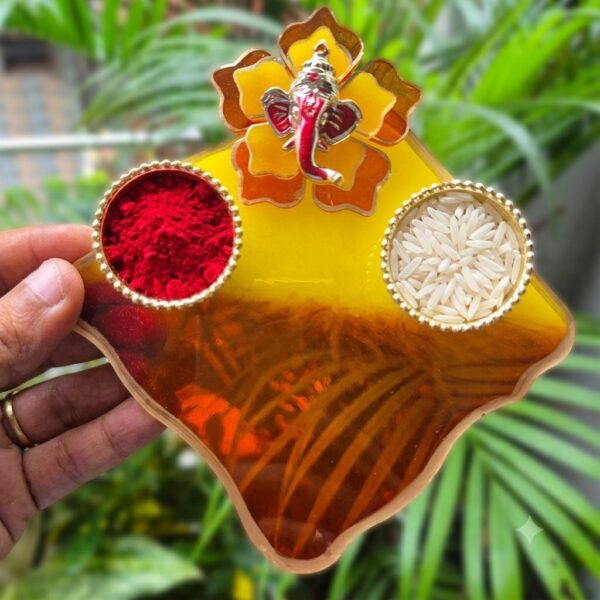 3D Ganesha Red and Yellow Mini Pooja Platter