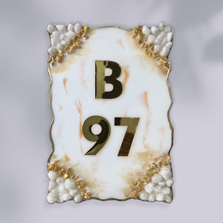 White and Orange Theme Decorated with Pebbles Resin Coated Numberplate 768x768