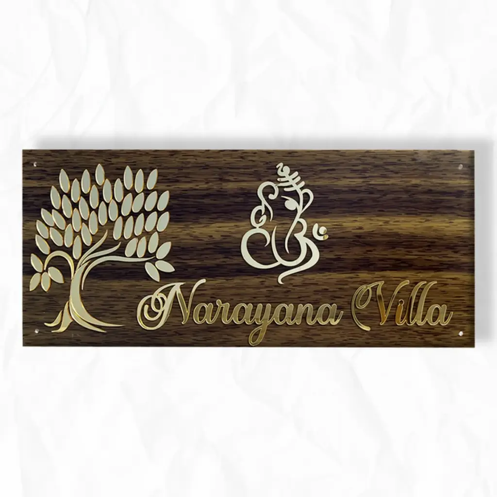 Ganesha Theme Wooden UV Print Acrylic Nameplate