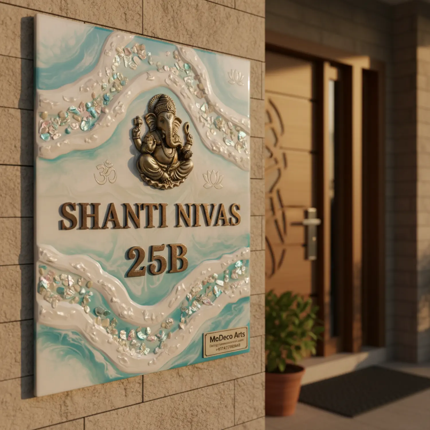 Premium resin personalized house board with pearl swirl texture and custom spiritual motifs 1