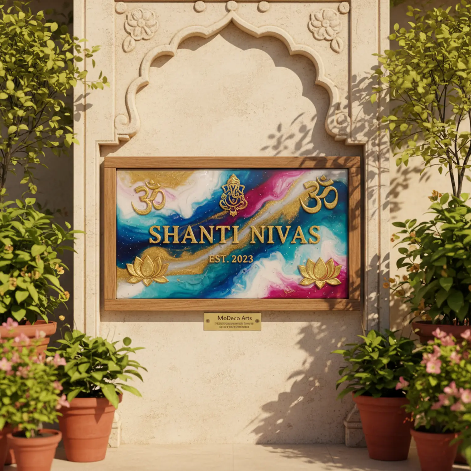 Resin personalized house board with pearl swirl texture and spiritual motifs at Indian home entrance