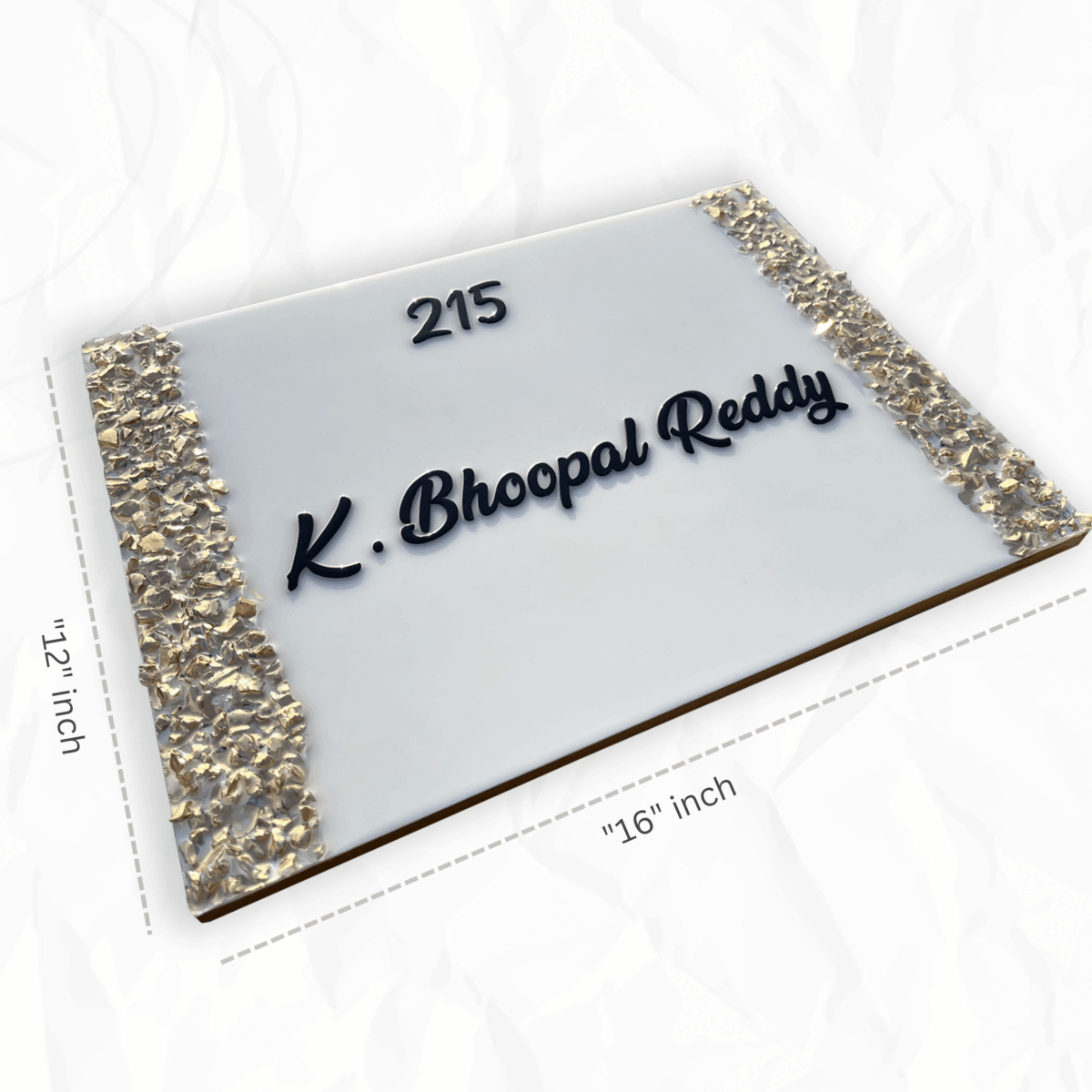 White Coloured Theme Decorated with Golden Crystals Resin Coated Nameplate 7