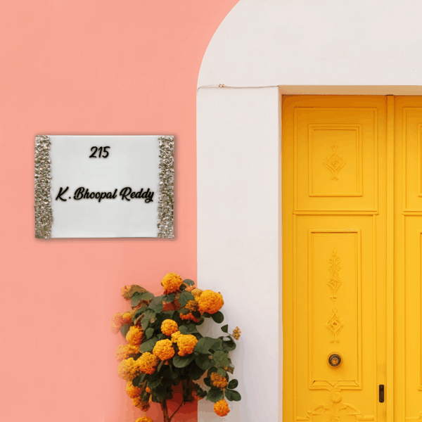 White Coloured Theme Decorated with Golden Crystals Resin Coated Nameplate 8