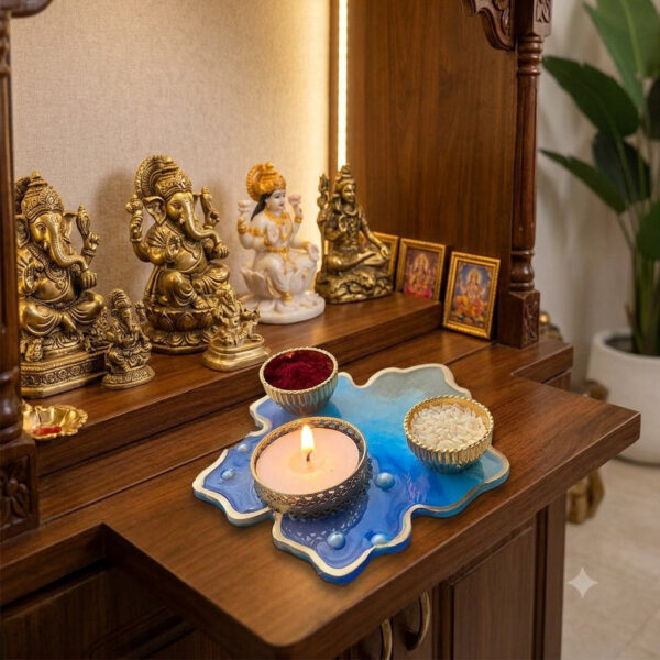 Blue Resin Pooja Platter with Pearls 1