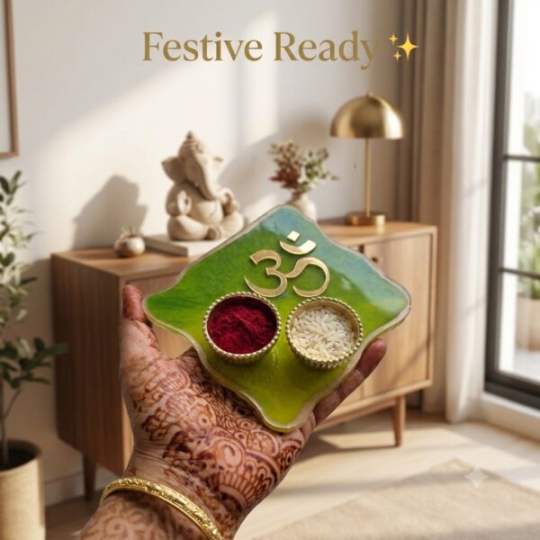 Buy Green Leaf Resin Pooja Platter with Om 1