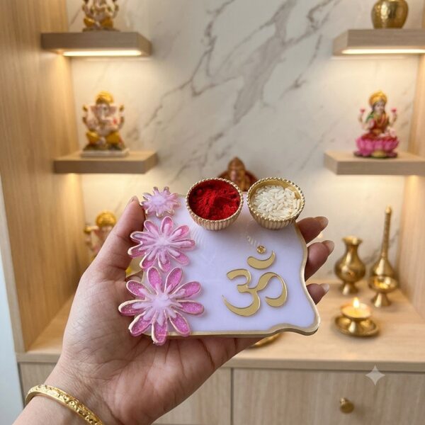 Pink Floral White Resin Pooja Platter