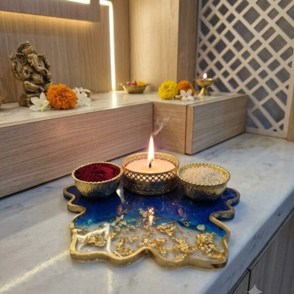 Royal Blue Resin Pooja Platter with Diya Holder 1